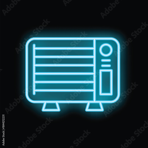 Blue neon icon of an electric heater glowing on black background