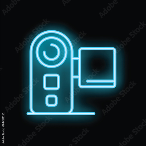 Bright blue neon sign depicting a digital video camera, perfect for concepts such as filmmaking, technology, and visual media