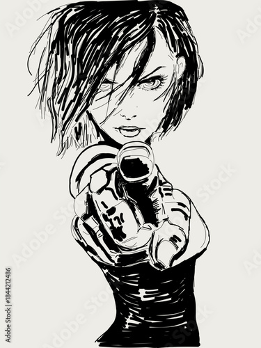 A model-looking woman points at you, a hand-drawn sketch vector illustration on a white background. Perfect for your designs in an iconic, illustrative style.