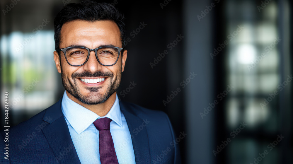Fototapeta premium Confident businessman smiling in suit and tie wearing glasses