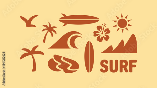 Surfing icons and symbols on a yellow background, representing beach and ocean activities.
