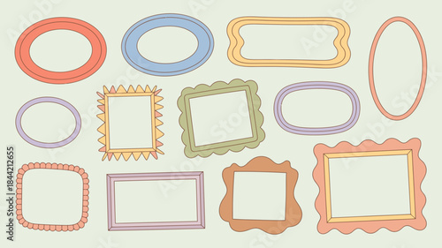 Colorful cartoon picture frames on pale green background for creative design projects and photo editing templates.