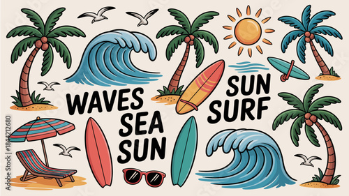 Beach Summer Vacation Elements with Surfboards, Palm Trees, and Waves