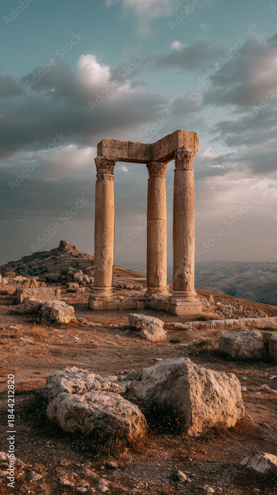 Fototapeta premium Ancient Roman Columns in Dramatic Landscape Under Cloudy Sky