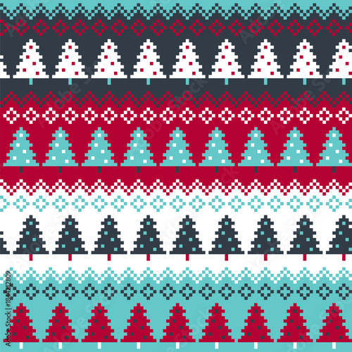 Christmas Pixel Knit Pattern With Fir Trees Seamless Winter Vector Background