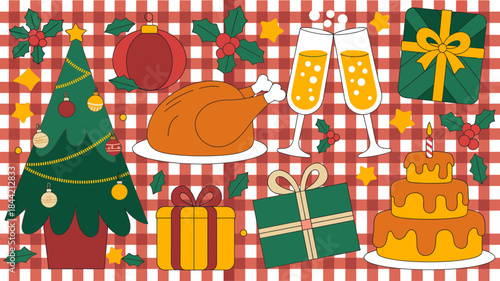 Christmas Celebration Elements on Red Checkered Background