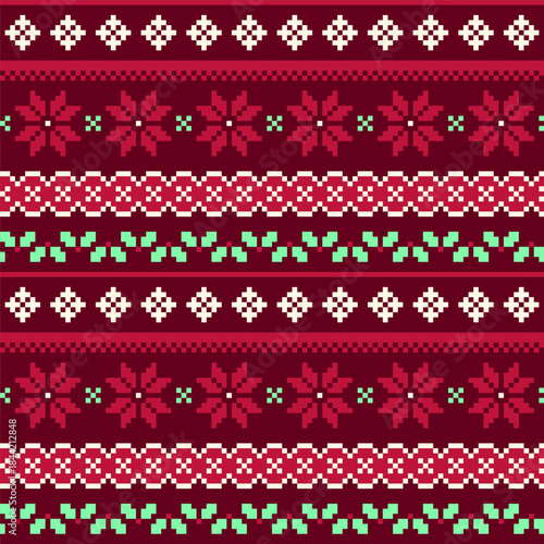 Christmas Pixel Knit Pattern With Poinsettia Floral Ornament Vector Background