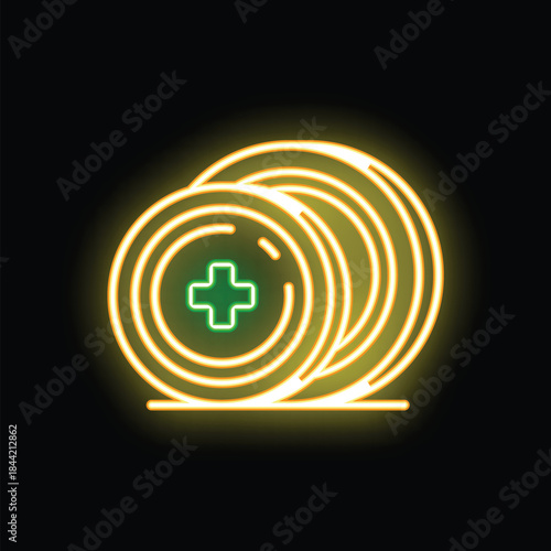 Glowing neon sign representing medical tablets with a green cross, bringing a touch of retro to a modern healthcare concept