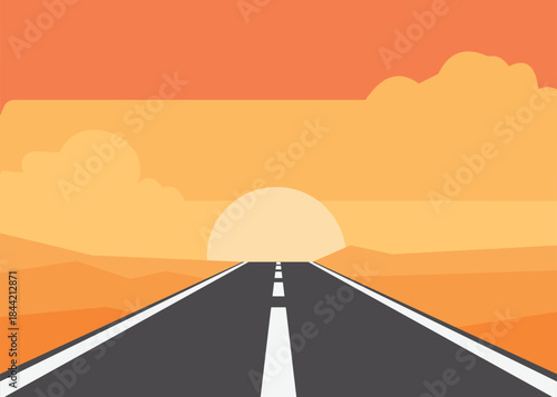 Open Road Leading Into a Golden Sunset Horizon Symbolizing Journey, Freedom, and New Beginnings