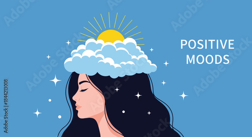 Vector illustration symbolizing positive moods and mental wellbeing, featuring a woman with a cloud and shining sun over her head against a starry sky.