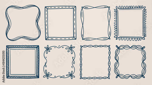 Hand drawn blue empty picture frames on beige background