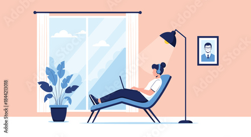 Young person working or studying remotely from the comfort of their home, relaxing in a modern lounge chair with a laptop and headphones on.