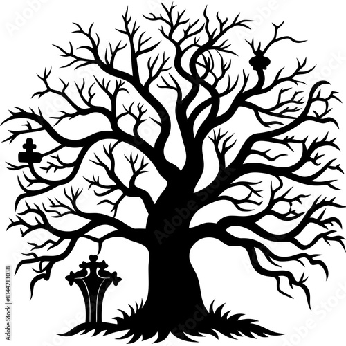 Tree and Grave Halloween Silhouette – Spooky Cemetery Vector Illustration