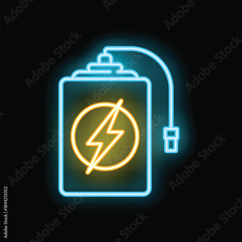Glowing neon line power bank for smartphone icon isolated on black background, a portable charging device