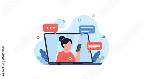 Flat design concept of online communication, social media, and customer support, with a woman on a laptop screen interacting with chat messages.