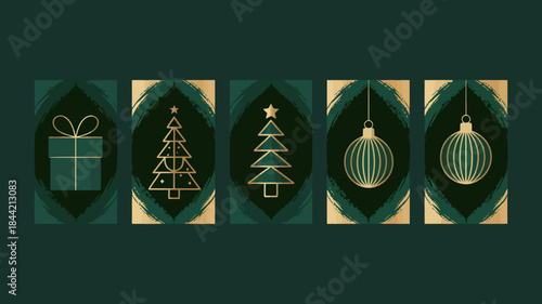 Christmas Icons Set: Gift Box, Trees, and Ornaments in Gold on Dark Green Background