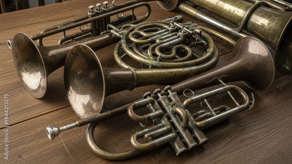 Obraz premium Assortment of aged brass wind instruments rests upon a wooden surface