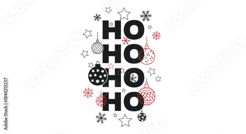 Minimalist 'Ho Ho Ho' Christmas design featuring vertical typography decorated with hanging ornaments, stars, and snowflakes in black and red.