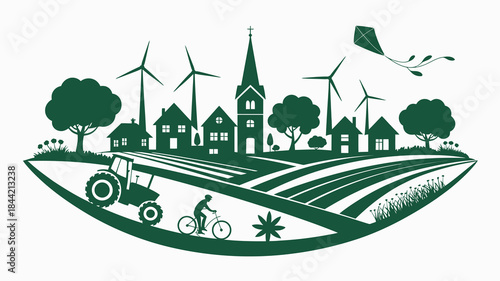 Eco-friendly village with wind turbines, farm fields, and sustainable living