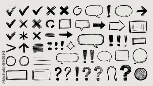 Hand-drawn black and white illustration of various symbols and signs for design and communication purposes.