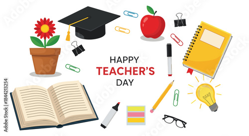 Colorful 'Happy Teacher's Day' greeting card design featuring celebratory text surrounded by various school supplies and educational icons.