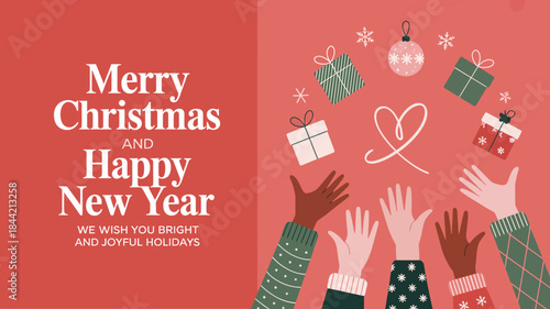 Merry Christmas and Happy New Year Wishes with Diverse Hands and Gifts