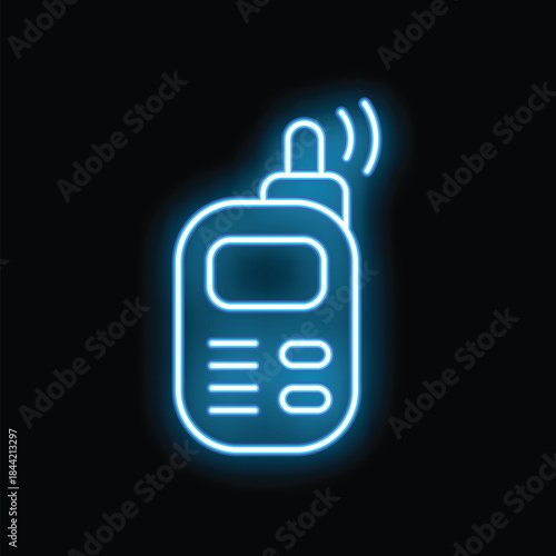 Blue neon baby monitor icon glowing in the dark on a black background