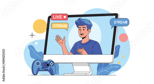 Young male gamer or streamer broadcasting a live stream from a computer, with a gamepad controller nearby and chat bubbles on the screen.