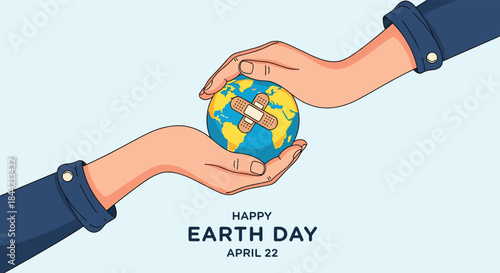 Happy Earth Day concept showing two hands gently holding a small planet Earth with a bandage on it, symbolizing healing and care for our world.