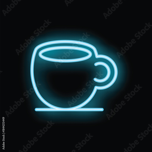 Blue neon sign depicting a steaming cup of coffee on a black background
