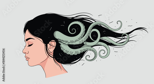 Surreal and artistic illustration of a beautiful woman in profile with her long black hair transforming into the tentacles of an octopus.