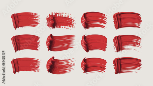 Red Lipstick Swatches on Beige Background, Various Brush Strokes