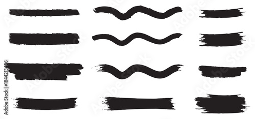 Vector brush streaks pack marker ink strokes grunge. Collection of vector paint bold brush strokes, hand drawn thick grunge lines and rectangle shapes modern grunge. Ink brush stroke set, black grunge