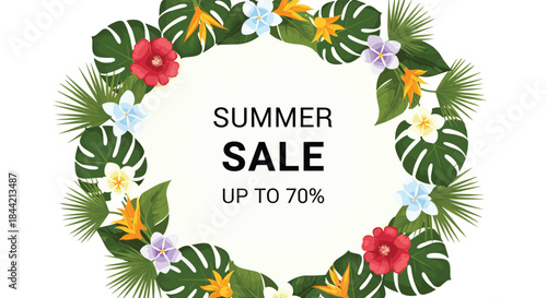 Summer sale banner featuring a wreath made of tropical leaves and exotic flowers like hibiscus and plumeria, with discount text in the center.