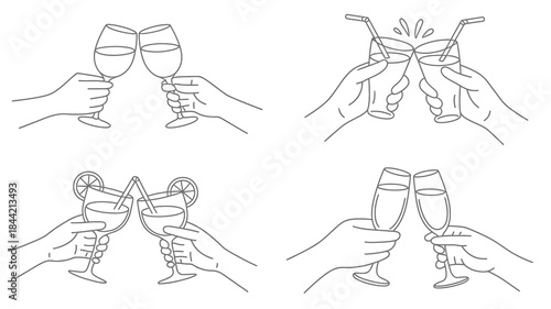 Hands holding glasses in various toasting poses with drinks and straws