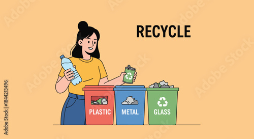 Young woman sorting waste for recycling, putting a plastic bottle and a metal can into separate colorful bins for plastic, metal, and glass.