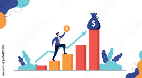 Businessman holding a coin and climbing a bar chart towards a money bag, illustrating financial success, investment growth, and profit.