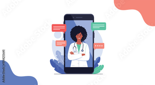 Telemedicine concept with a smiling black female doctor on a smartphone screen, ready for an online consultation with chat bubbles around her.