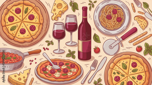 Italian Food and Drink Spread with Pizza, Pasta, Wine, and Cheese