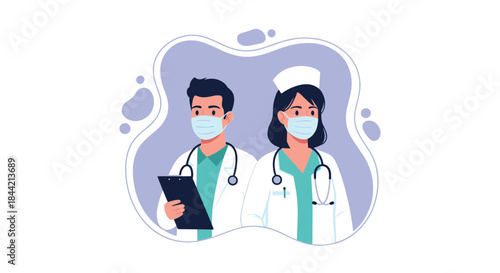 A male doctor and a female nurse, both wearing protective face masks and uniforms, representing a medical team or healthcare professionals.