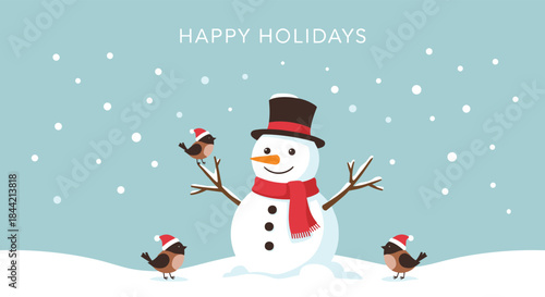 A cheerful snowman wearing a top hat and red scarf smiles as small birds in Santa hats perch on him in a snowy 'Happy Holidays' scene.