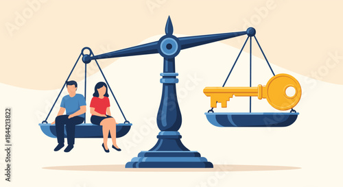 A scale balances a couple on one side and a large golden key on the other, representing the weight of decisions in relationships or real estate.