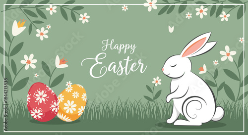 Elegant 'Happy Easter' greeting card with a serene white rabbit and two decorated eggs in a field of grass and white flowers on a green background.