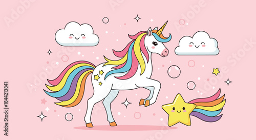 Adorable kawaii unicorn with a rainbow mane and tail, prancing among cute smiling clouds, stars, and bubbles on a pink background.