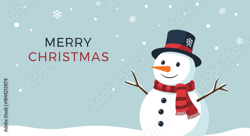 Merry Christmas greeting card featuring a happy snowman wearing a top hat and red scarf against a light blue background with falling snowflakes.