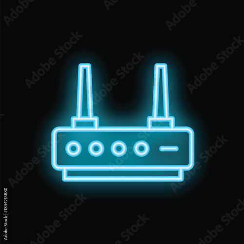Neon icon of a wi fi router glowing on a black background, representing concepts such as internet connectivity and wireless technology