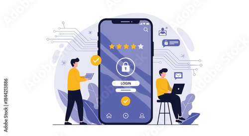 Users interacting with a large smartphone showing a secure login screen, illustrating concepts of mobile security, user authentication, and privacy.