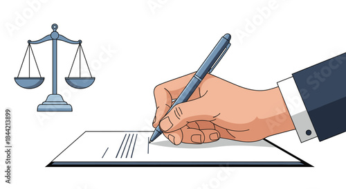 A hand in a business suit signs a legal document with a pen, with the scales of justice in the background, symbolizing law and contracts.