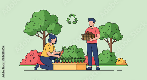 A young couple working together in a garden, with the woman harvesting carrots and the man holding a basket of compost under a recycle symbol.