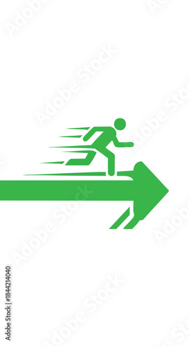 A vibrant green silhouette of a person running with speed lines, moving swiftly on a directional arrow, symbolizing rapid progress, efficiency, and success.